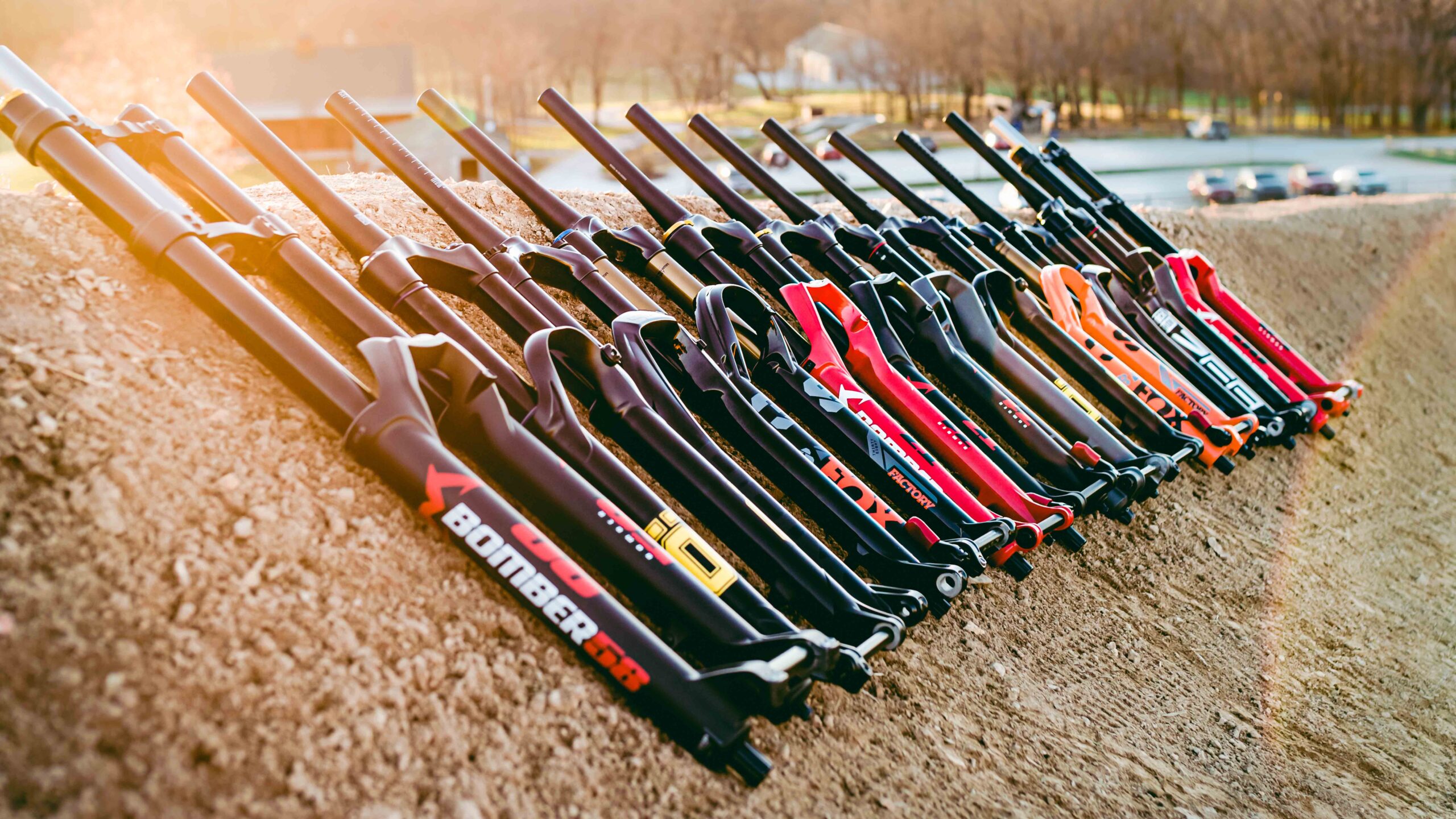 Multiple mountain bike suspension forks displayed in sunlight