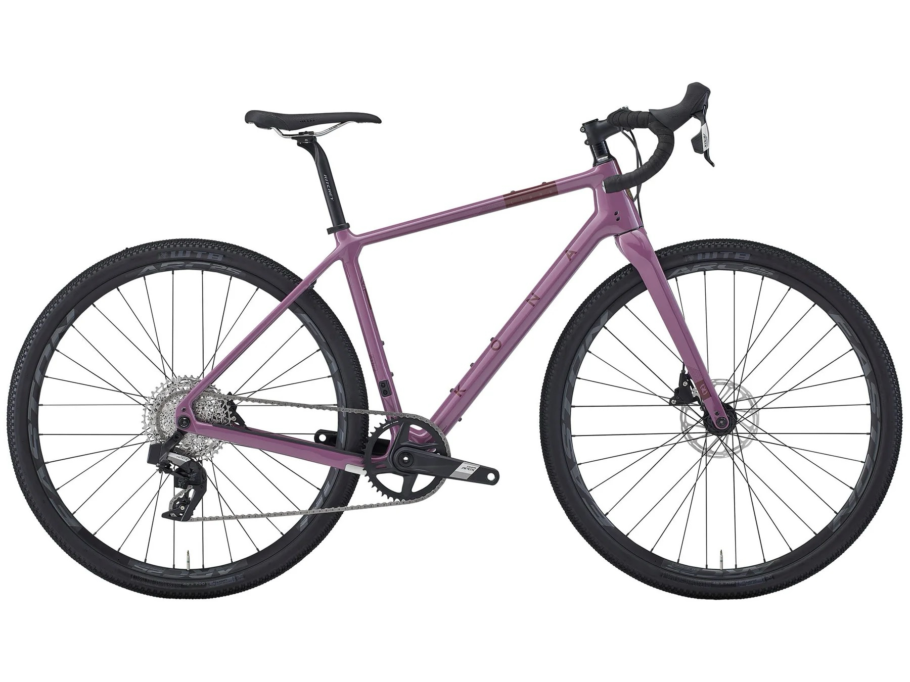 Side view of the 2025 Kona Libre CR G2 carbon gravel bike in mauve with drop handlebars and 700c wheels, available at A&B Cycle in Springfield, Missouri.